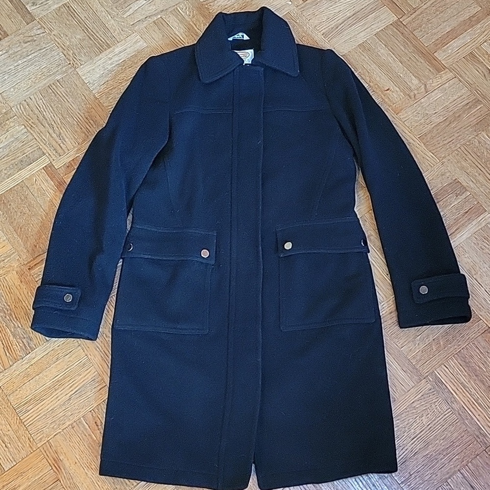 Talbots Petite Black 100% Wool Trench Coat Size 2